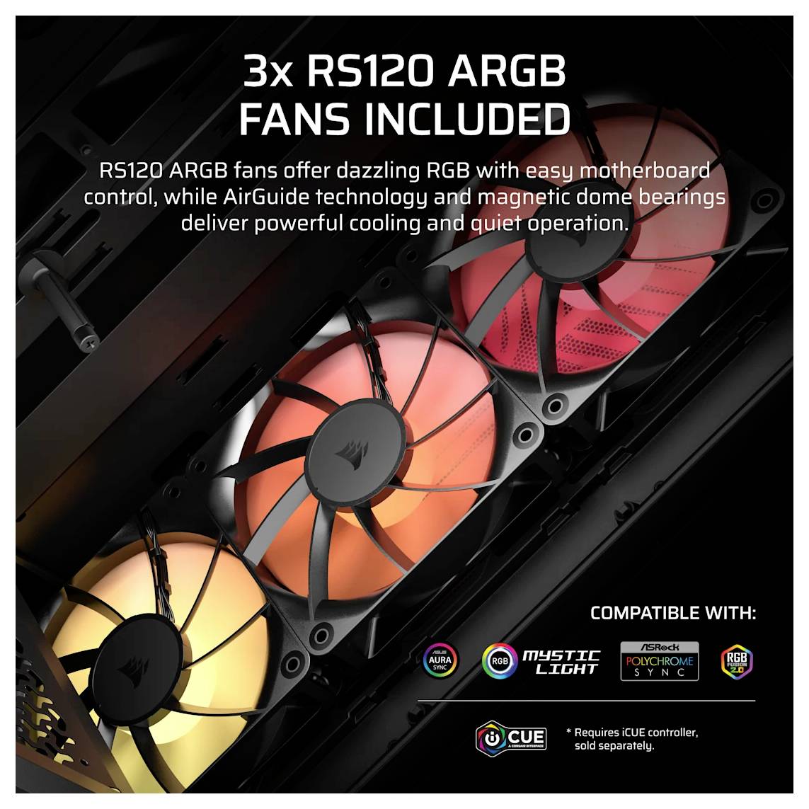 Propagace produktu zobrazující skříň PC se 3 zahrnutými ventilátory RS120 ARGB; text upozorňuje na ovládání RGB, technologii AirGuide, magnetická kuličková ložiska s kupolí a tichý chod.