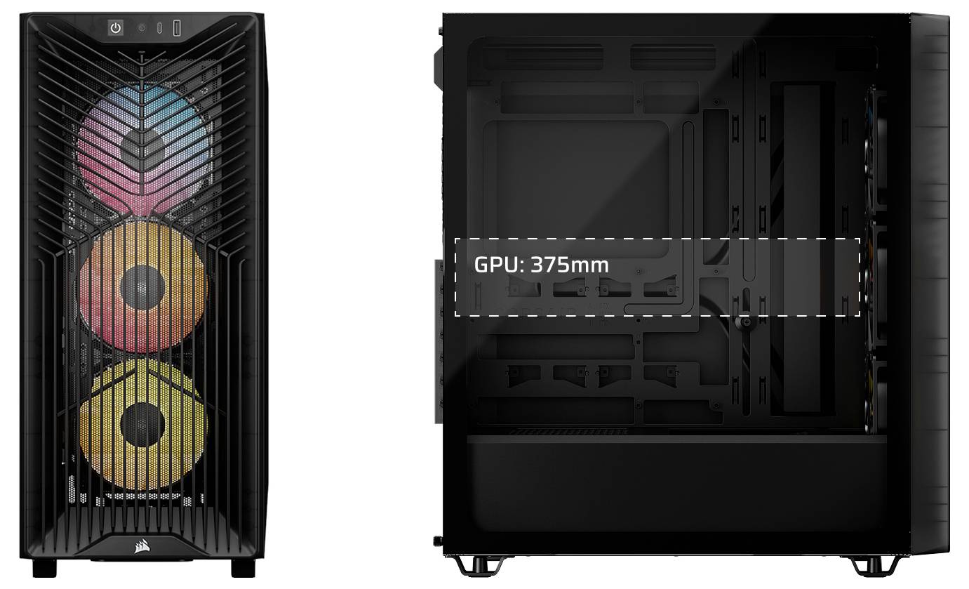 Dva pohledy na černou PC skříň se třemi předními RGB ventilátory a bočním průřezem ukazujícím prostor pro GPU označený 'GPU: 375mm'.