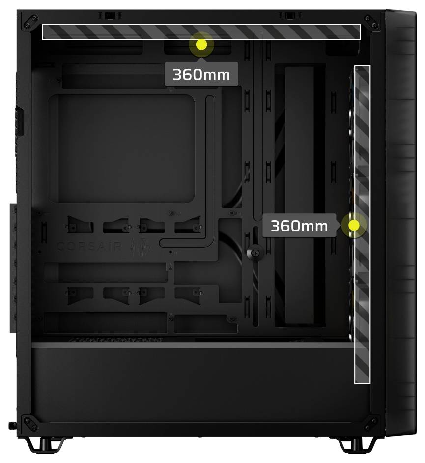 Pohled zezadu na vnitřek PC skříně zobrazující maximální prostor pro komponenty označený '360mm' v horní a pravé části.