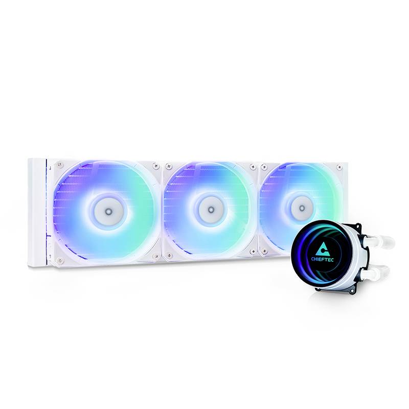 Tři RGB osvětlenými chlazovacím ventilátory počítače na bílém radiátoru, vpravo je zobrazen samostatný kulatý pump kapalinového chladiče Cheetec.