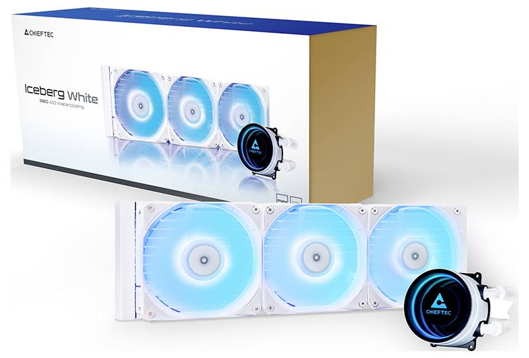 Balení produktu a tříventilátorový kapalinový chladič CPU označený „Iceberg White" od značky AORUS/CHIEFTEC, zobrazený s modrými LED ventilátory a jednotkou čerpadla.