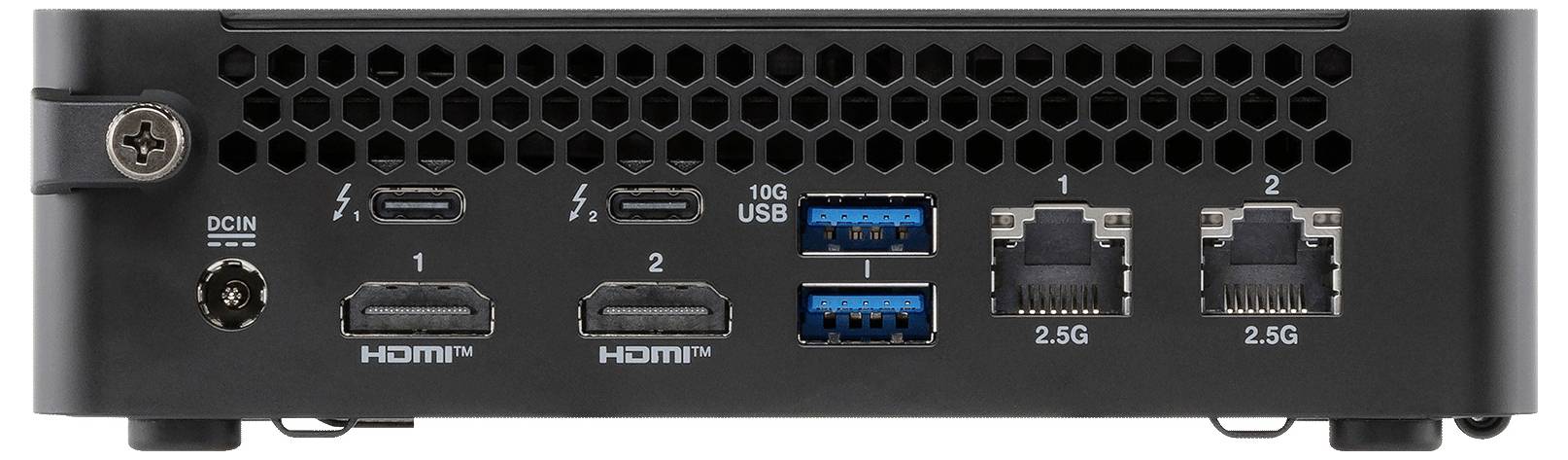 Zadní panel miniaturního počítače zobrazující DC vstup napájení, USB-C, jeden USB 10G port, dva HDMI výstupy, dva USB-A porty a dva Ethernetové porty 2.5G.