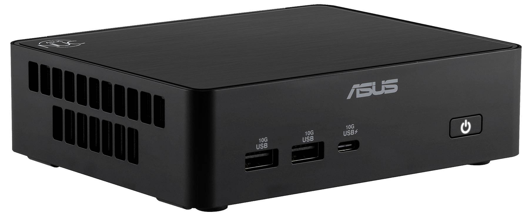 Černý mini PC ASUS s předními USB porty, USB-C portem a tlačítkem napájení na pravé straně.