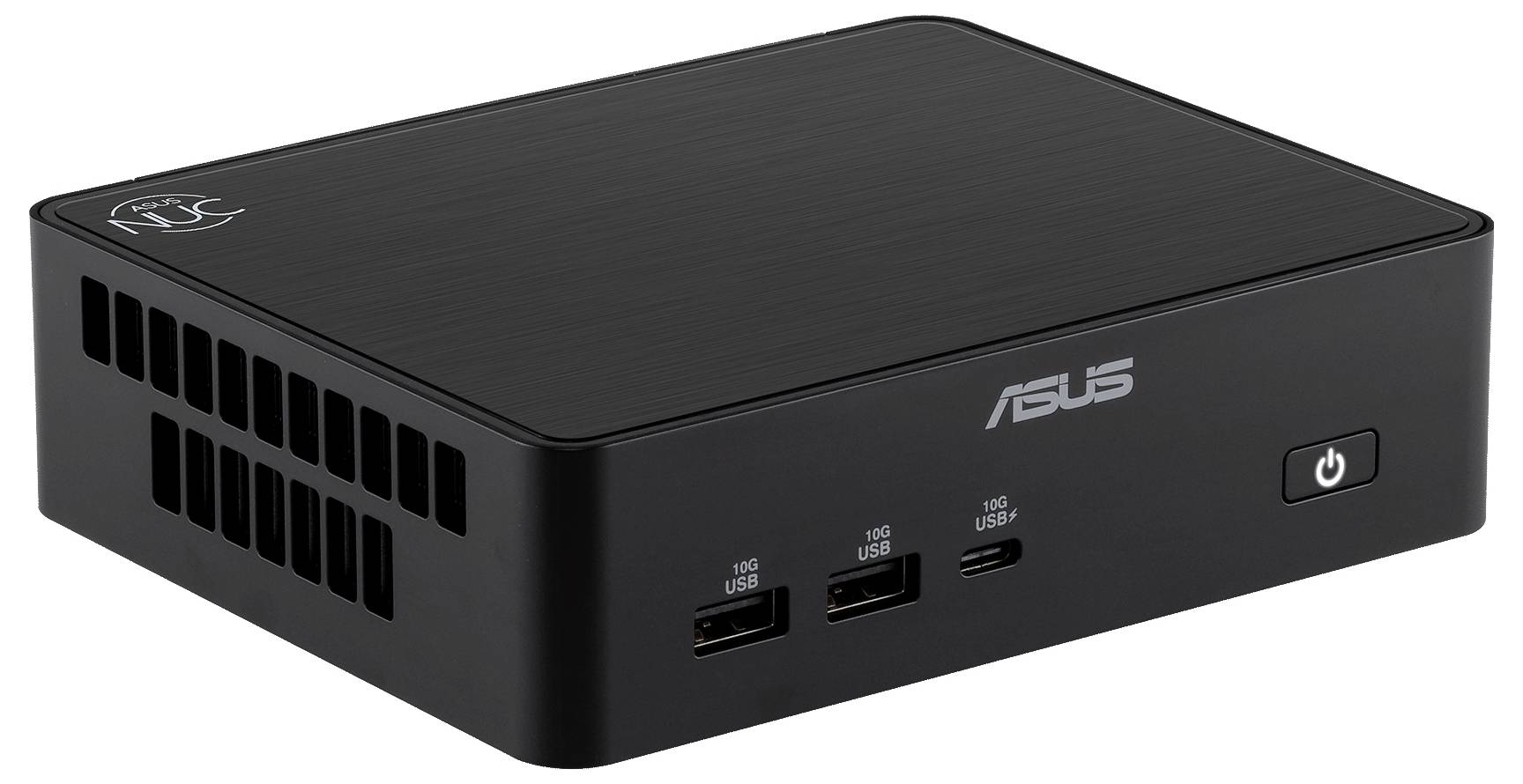Černý počítač ASUS mini desktop se ventilačními štěrbinami, více porty USB a tlačítkem napájení vpředu na bílém pozadí