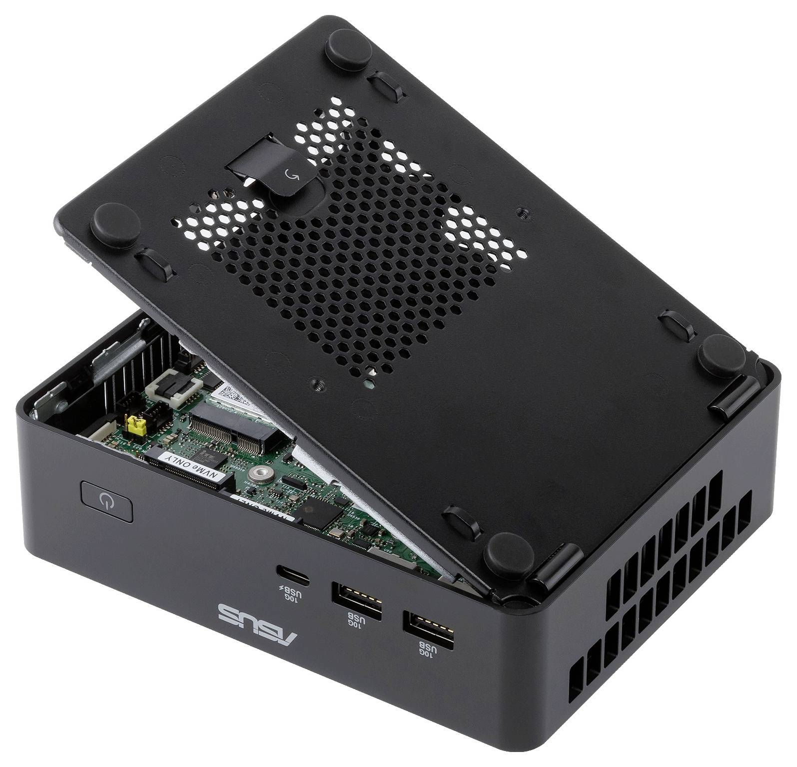 Otevřený černý mini PC ASUS s vyvýšeným větraným horním krytem, který odkrývá interní základní desku a porty.