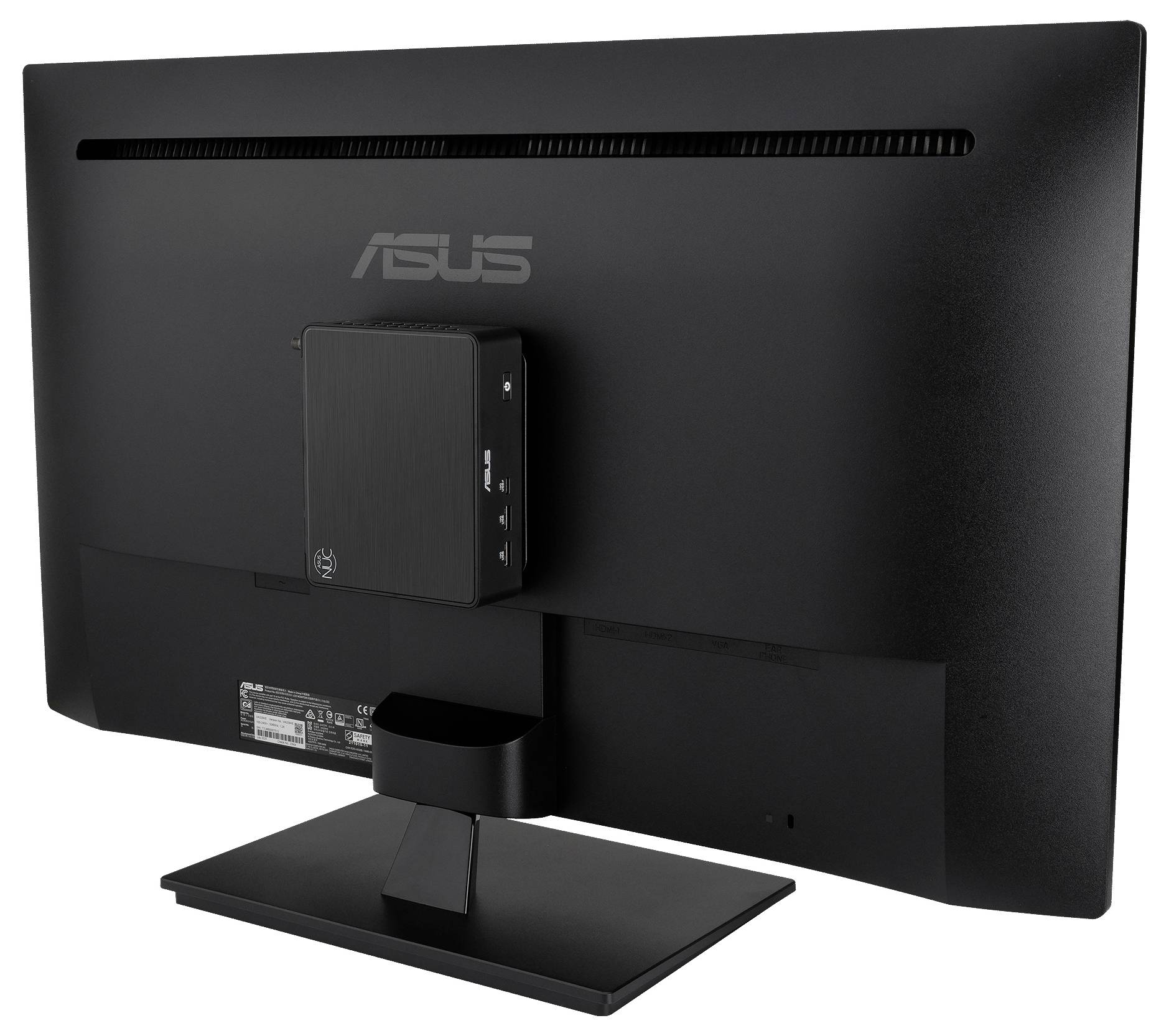 Pohled zezadu na všedesítkovém monitoru ASUS s malým připojeným mini PC namontovaným na zadní stojan.