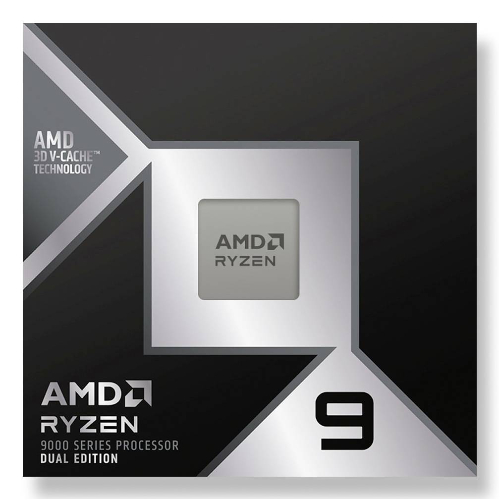 Obálka edice AMD Ryzen 9 9000 Series Processor Dual Edition ukazující brandování technologie AMD 3D V-Cache a velké číslo 9.