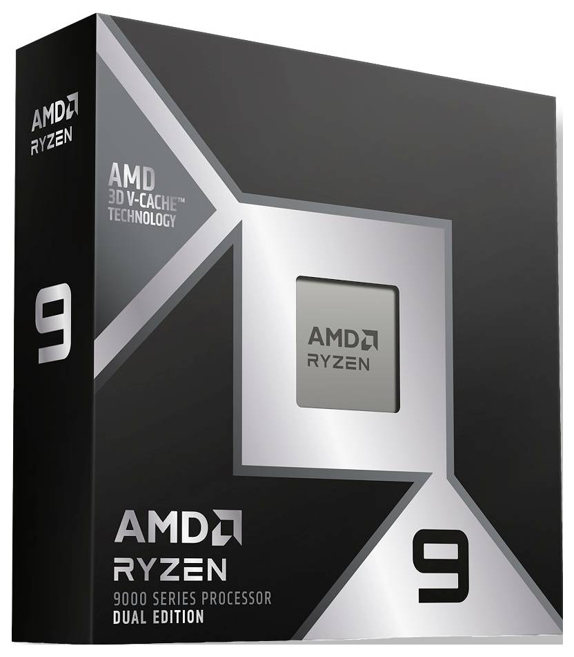 Procesory AMD Ryzen 9 9000 Series edice Dual Edition v maloobchodním balení s brandingem technologie AMD 3D V-Cache a velkými číslicemi „9".