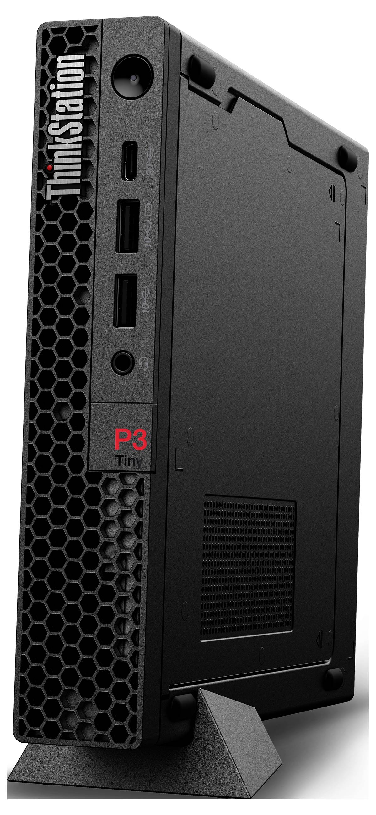 Kompaktní černý stolní počítač Lenovo ThinkStation P3 Tiny mini zobrazený z přední levé strany.