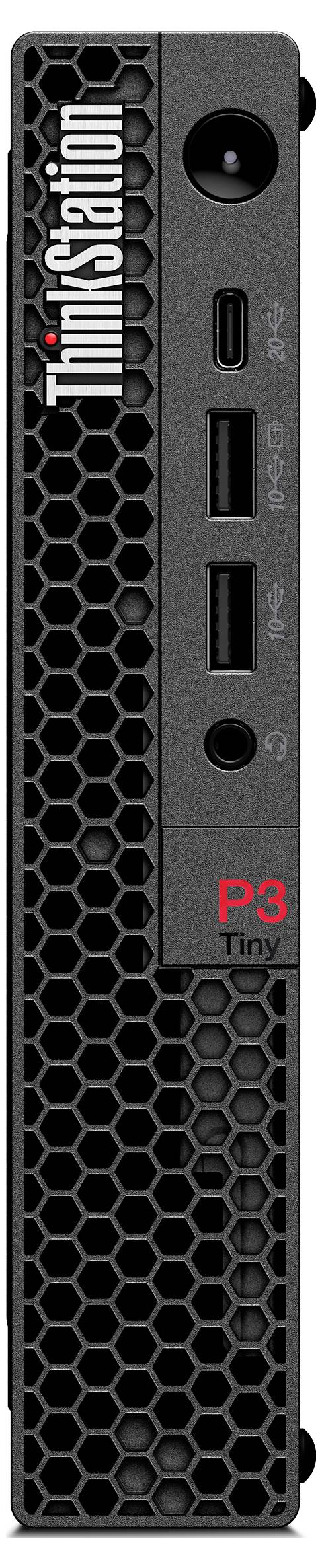 Přední pohled na mini stolní počítač ThinkStation P3 Tiny, který zobrazuje přední panel s voštinou, tlačítko napájení, porty a červený štítek P3 Tiny.