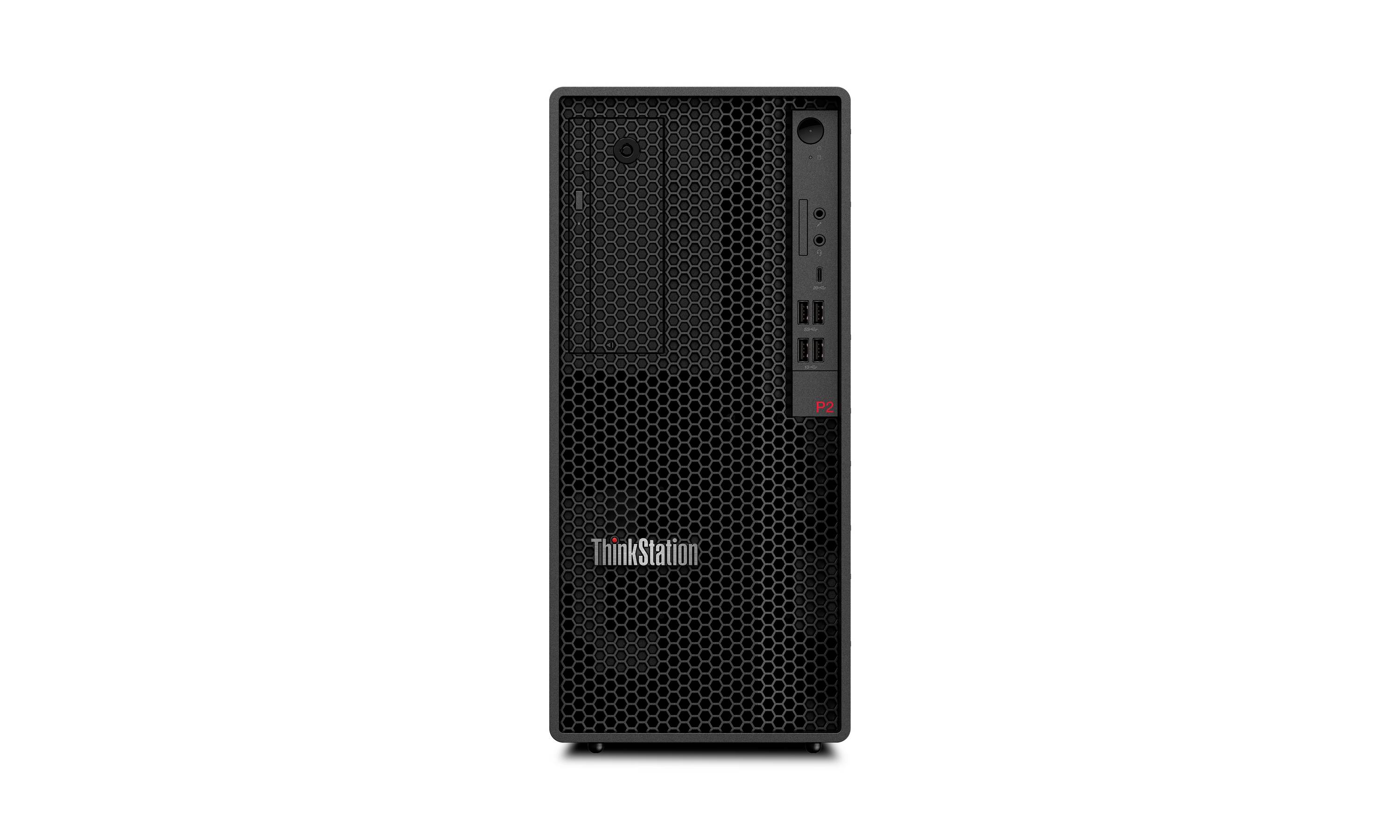Přední pohled na stolní věž Lenovo ThinkStation s černým děrovaným předním panelem a předními porty na pravé straně.