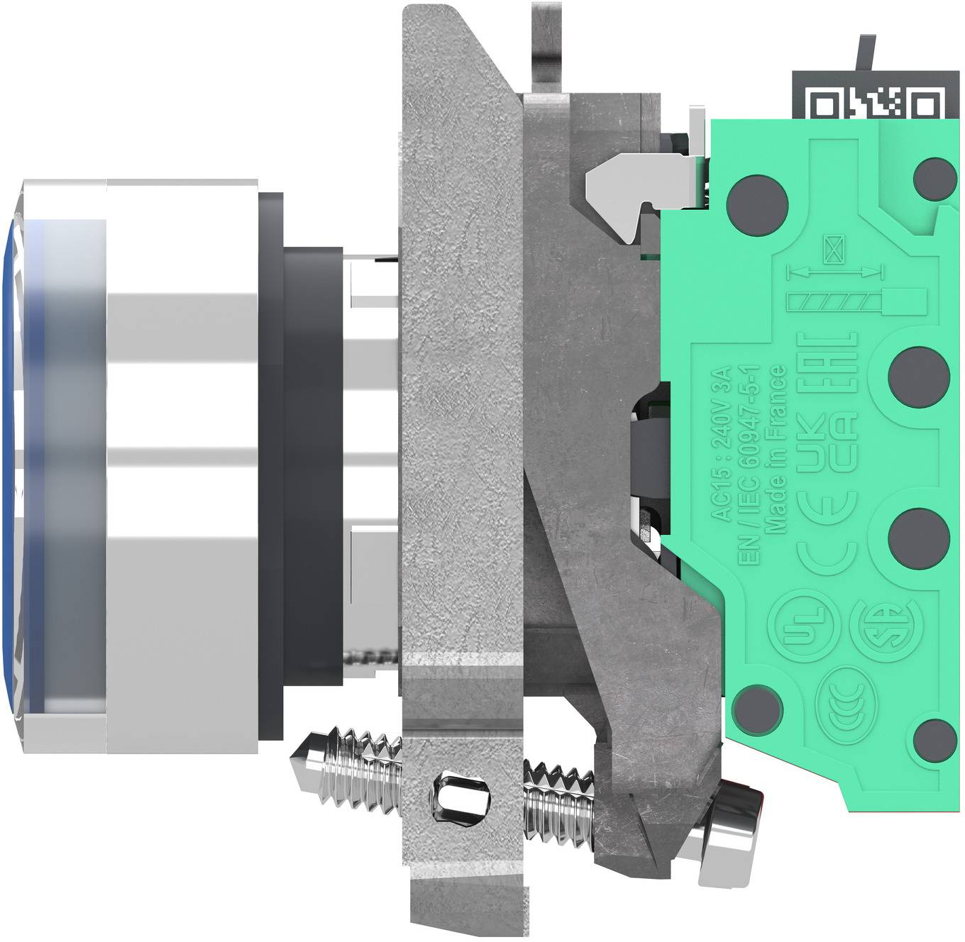 Schneider Electric XB4BW36B55 Podsvětlené tlačítko, Harmony XB4, kov, 22 mm, modrá nepopsaná, LED, hladká kalota, 1S+1Ö,-3