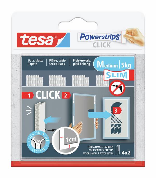tesa Powerstrips CLICK TESA Powerstrips CLICK Slim - lepící polštářky na suchý zip pro nalepení a klikání fotorámečků a dekorací na zeď bez vrtání  (d x š) 34 mm x 13 mm bílá Množství: 4 pár