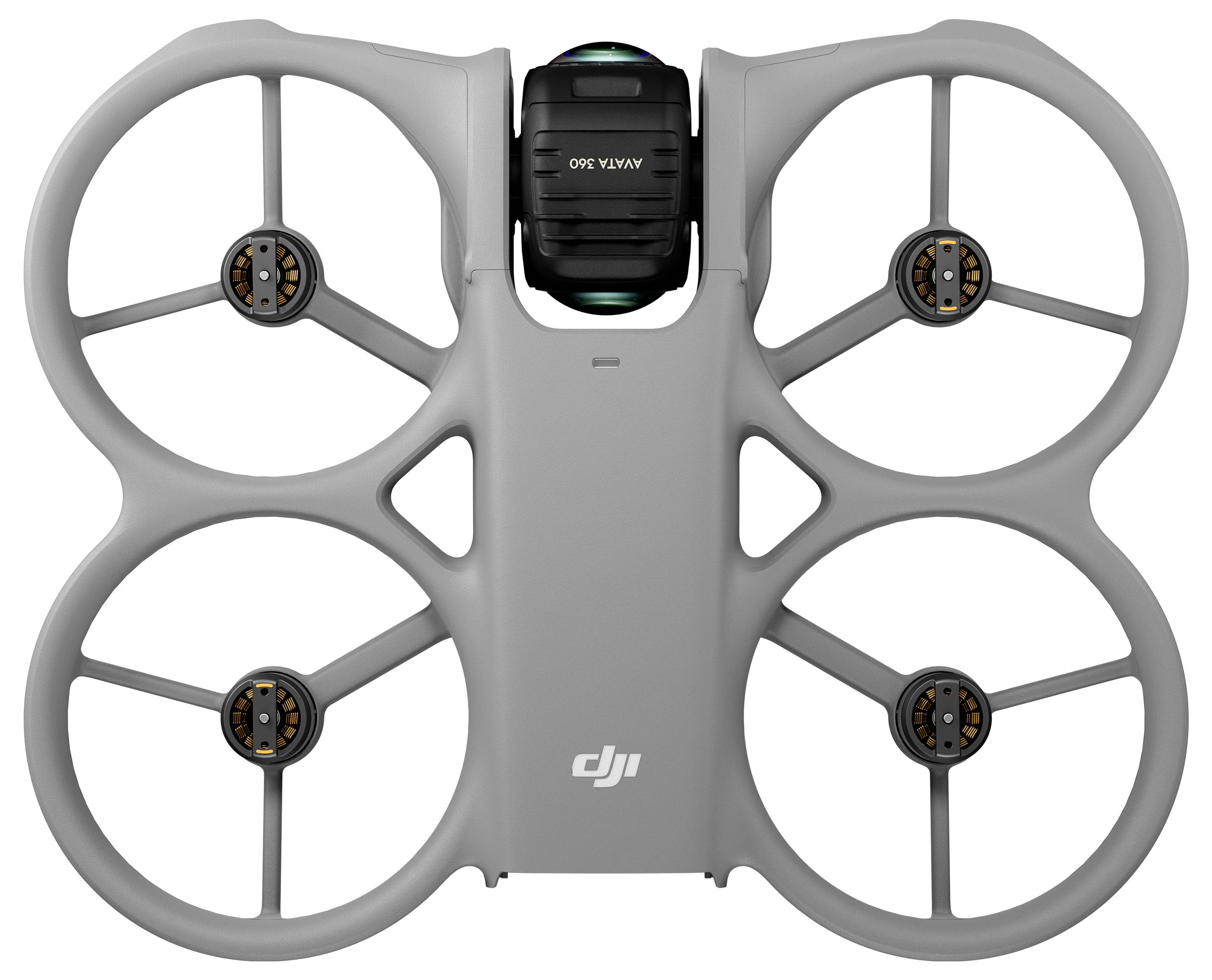 Šedý kvadrokoptéra DJI se čtyřmi ochranami vrtulí v podobě kanálu a centrálním kamerovým modulem, zobrazeno shora na bílém pozadí.