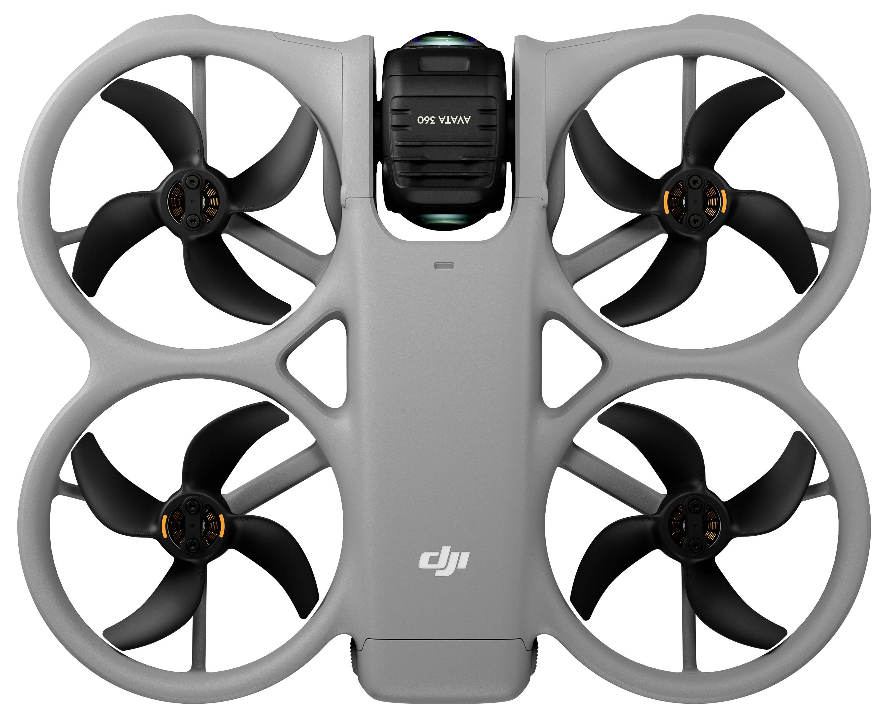 Pohled shora na šedý quadkoptéru DJI se čtyřmi uzavřenými vrtulemi a centrálním modulem fotoaparátu.