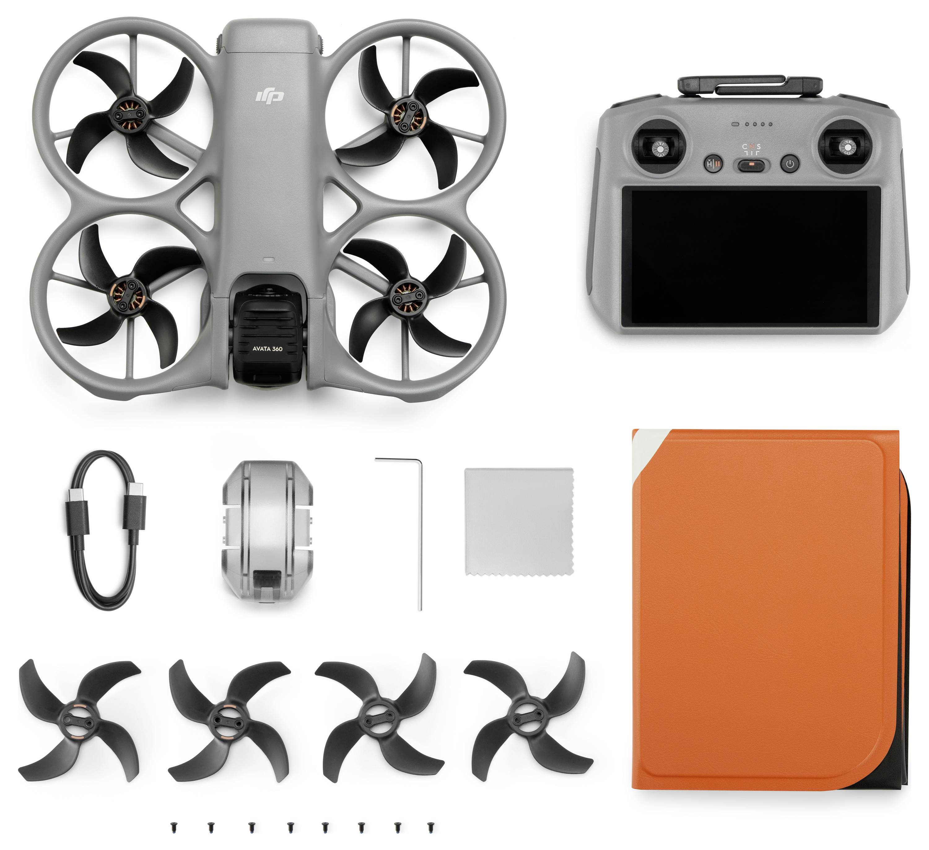 Skládací sada DJI dronu zobrazená s tělem dronu, dálkovým ovladačem, kabelem, náhradními vrtulemi, šrouby, nástrojem a oranžovým přepravním pouzdrem.