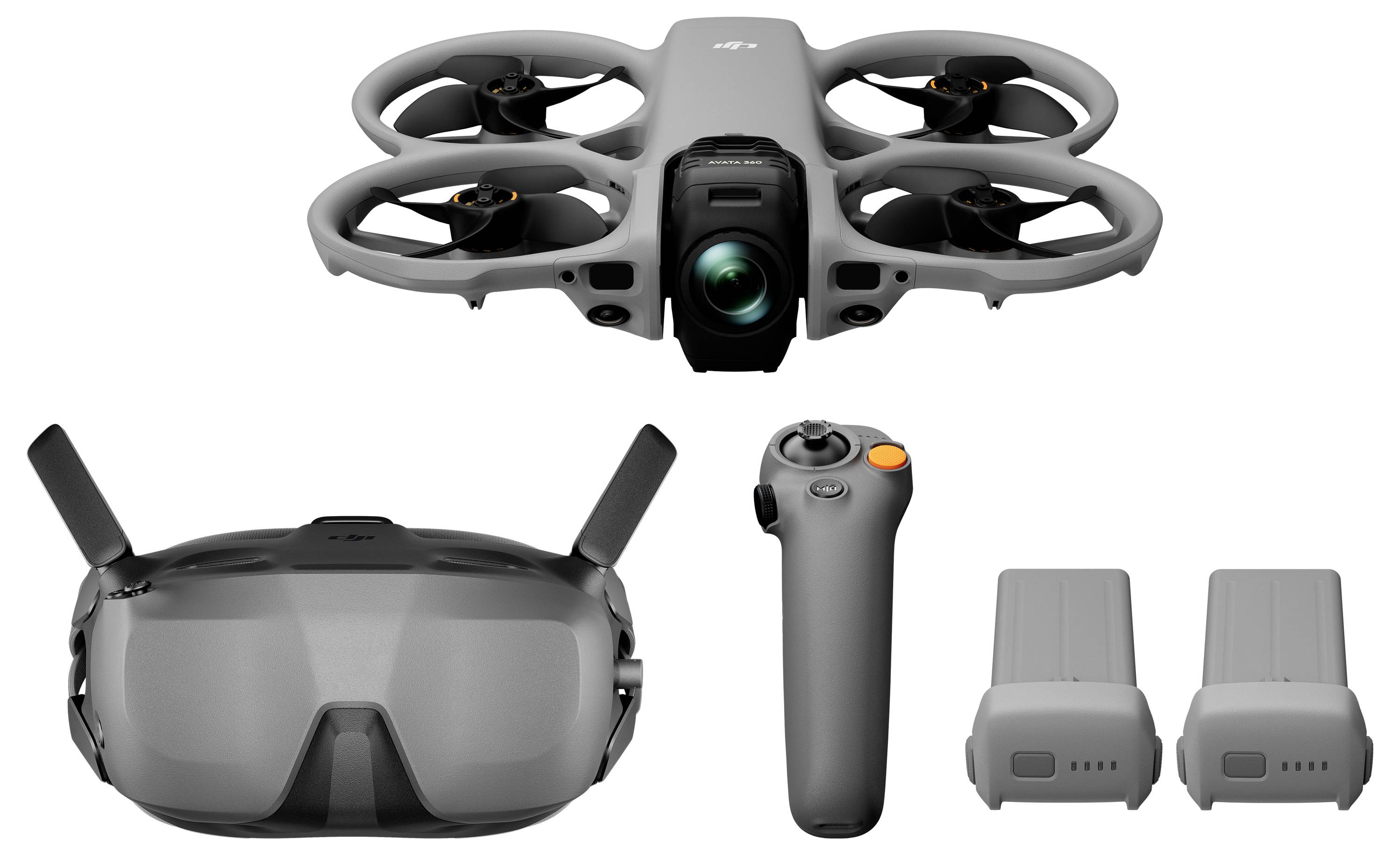 Kompaktní sada dronů zobrazená s kvadrokoptérou s kamerou, FPV brýlemi, přenosným ovladačem a dvěma bateriemi na bílém pozadí.
