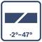 Modrá čtvercová ikona s bílou diagonální čárou a textem „-2°–47°", která značí teplotní rozsah nebo rozsah náklonu.