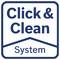 Logo modré a bílé barvy s textem "Click & Clean System" uvnitř zaoblenéhopravoúhlého rámečku se střešní čárou oddělující slova.