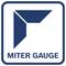 Logo s modrým úhlovým geometrickým symbolem nad textem "MITER GAUGE" uvnitř zaoblené čtvercové hranice.