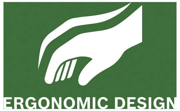 Zelená grafika "Ergonomický design" se stylizovanou bílou ikonou ruky nad textem.