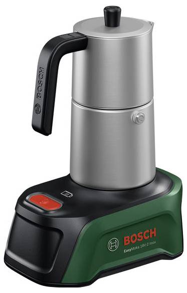 Boschův elektrický moka kávovar se stříbrnou konvicí na zeleno-černé základně a červeným tlačítkem napájení.