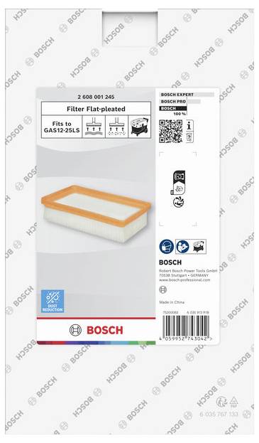 Bosch Expert filtr s plochými řasami vzduchový filtr balení, vhodný pro vakuum GAS12-25L, zobrazující obrázek produktu a číslo součásti 2 608 001 245.