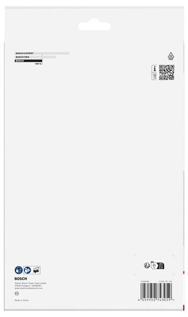 Přední strana balení produktu Bosch, převážně bílá s visačkou, malými štítky a QR kódem a čárovým kódem blízko spodní části.
