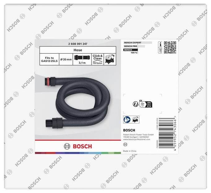 Bosch balicí balení hadice vysavače se stočenou černou hadicí; štítek uvádí, že se hodí pro GAS 12-25L/S, 35 mm, 3,1 m, Click & Clean.