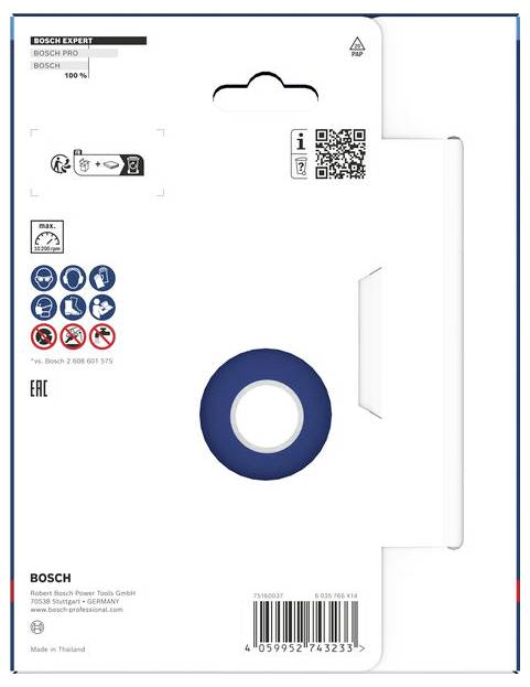 Přední strana balení produktu Bosch Expert/Bosch Pro s háčkem na zavěšení, QR kódem, ikonami, čárovým kódem a modrým kruhovým brusným диском viditelným skrz okno.