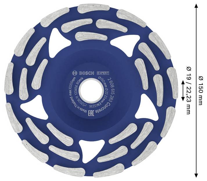 Kulatý řezný kotouč Bosch Expert z diamantu se segmentovaným vzorem lopatek; označen průměrem 150 mm a velikostí středového otvoru 19/22,23 mm.
