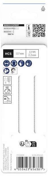 Balení produktu Bosch Expert HCS PRO pilových listů na dřevo se zobrazením QR kódu, velikostí 117 mm, 12 TPI/2,2 mm a ikonami listů pro řezné aplikace.