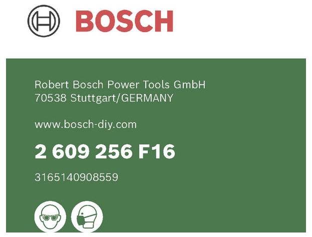 Značka produktu Bosch zobrazující Robert Bosch Power Tools GmbH, Stuttgart/Německo, webové stránky www.bosch-diy.com, číslo součásti 2 609 256 F16 a bezpečnostní ikony.
