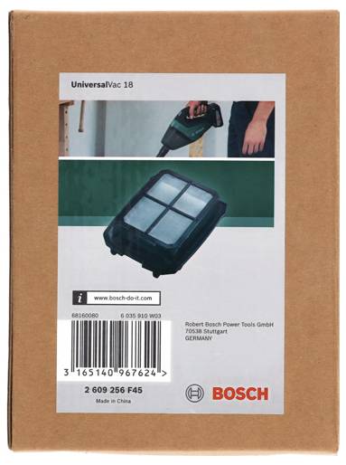 Bosch UniversalVac 18 krabice s fotografií produktu, čárovým kódem, číslem modelu 2 609 256 F45 a značkou Bosch.