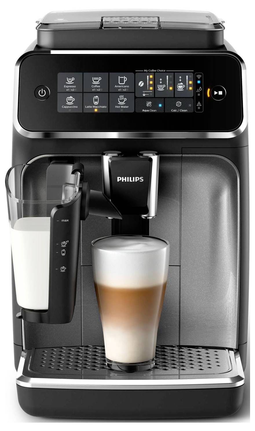 Automatický kávovací stroj Philips rozdělující vrstvené latte do sklenice s viditelným kontejnerem na mléko a dotykový ovládáním.