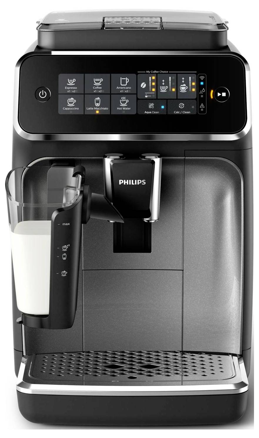 Přední pohled na automatický kávovar Philips s dotykovými ovládacími prvky, napěňovačem mléka a odkapávací táčkou, zobrazený na bílém pozadí.
