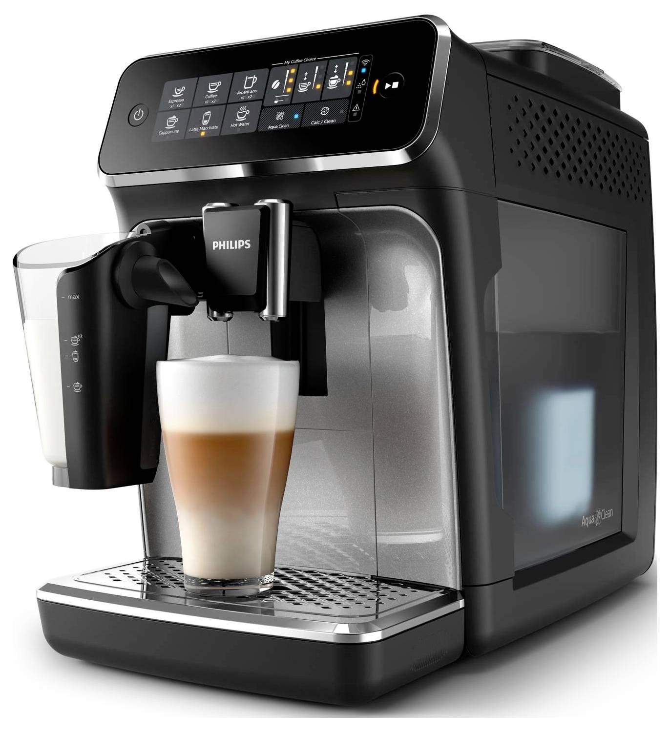 Černý automatický kávovar Philips vydávající vrstvené latte do sklenice na odkapní tácce, s digitálním ovládacím panelem na vrcholu.