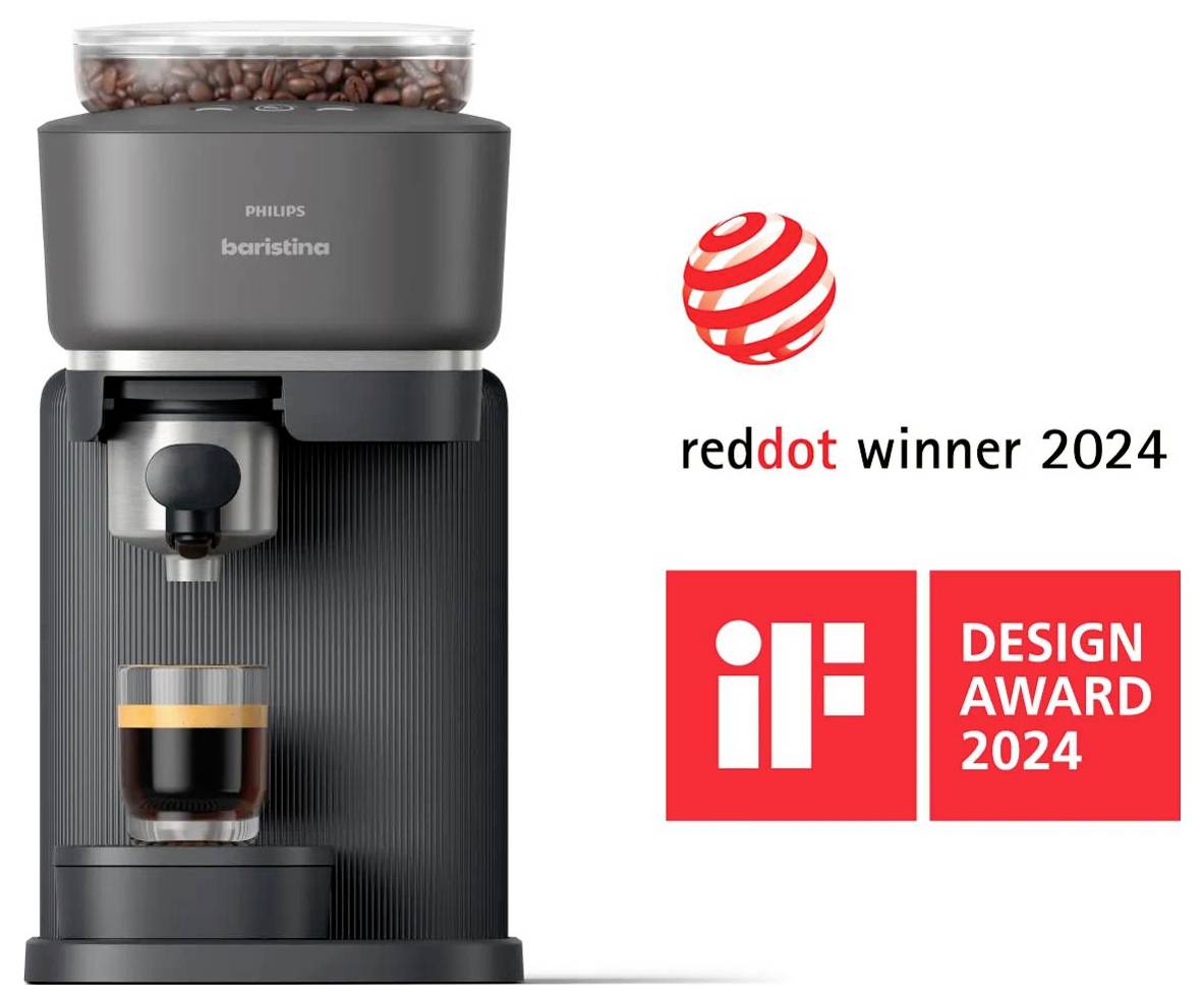 Philips Baristina kávový automát s šálkem pod výlevkou, spolu s logy Red Dot Winner 2024 a iF Design Award 2024.