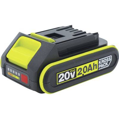 Černý a žlutý bezšňůrový akumulátor do elektrickézměnitelného nářadí označený "20V max 2.0Ah KROSS PACK" na bílém pozadí.