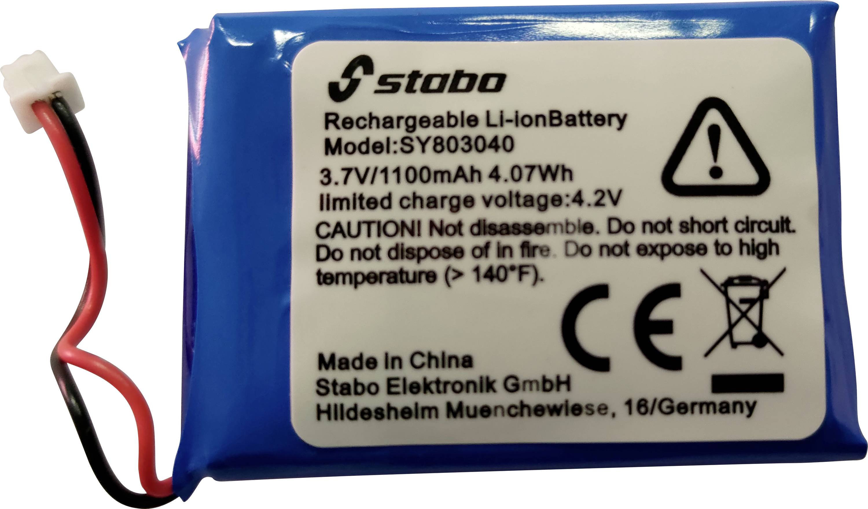 Modrý nabíjecí lithium-iontový akumulátor s červeným a černým vodičem a štítkem s údaji 3,7V, 1100mAh, 4,07Wh.