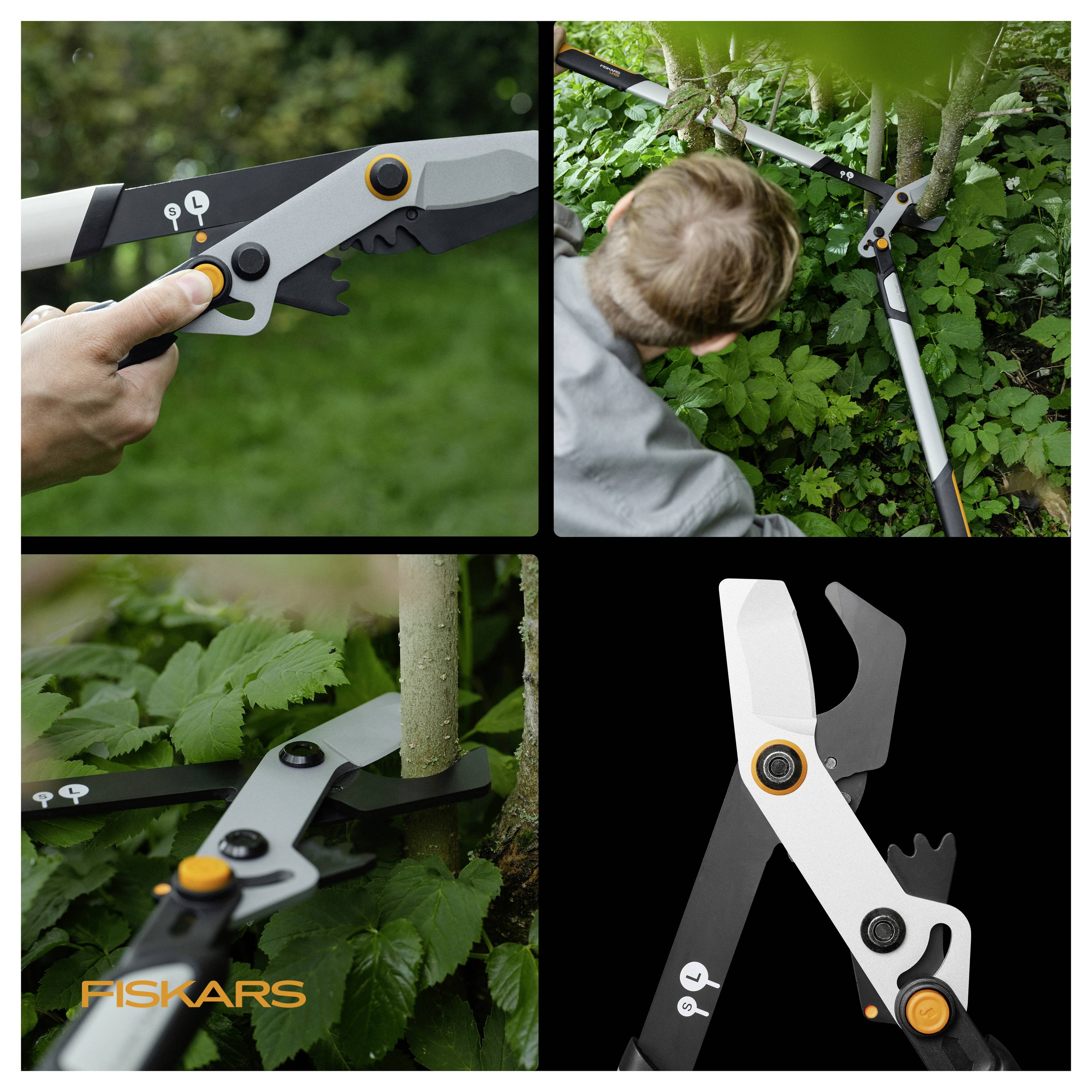 Koláž zobrazující zahradní nůžky Fiskars na řezání stromků v používání při stříhání větví kolem malého stromku, plus detail nářadí na černém pozadí.