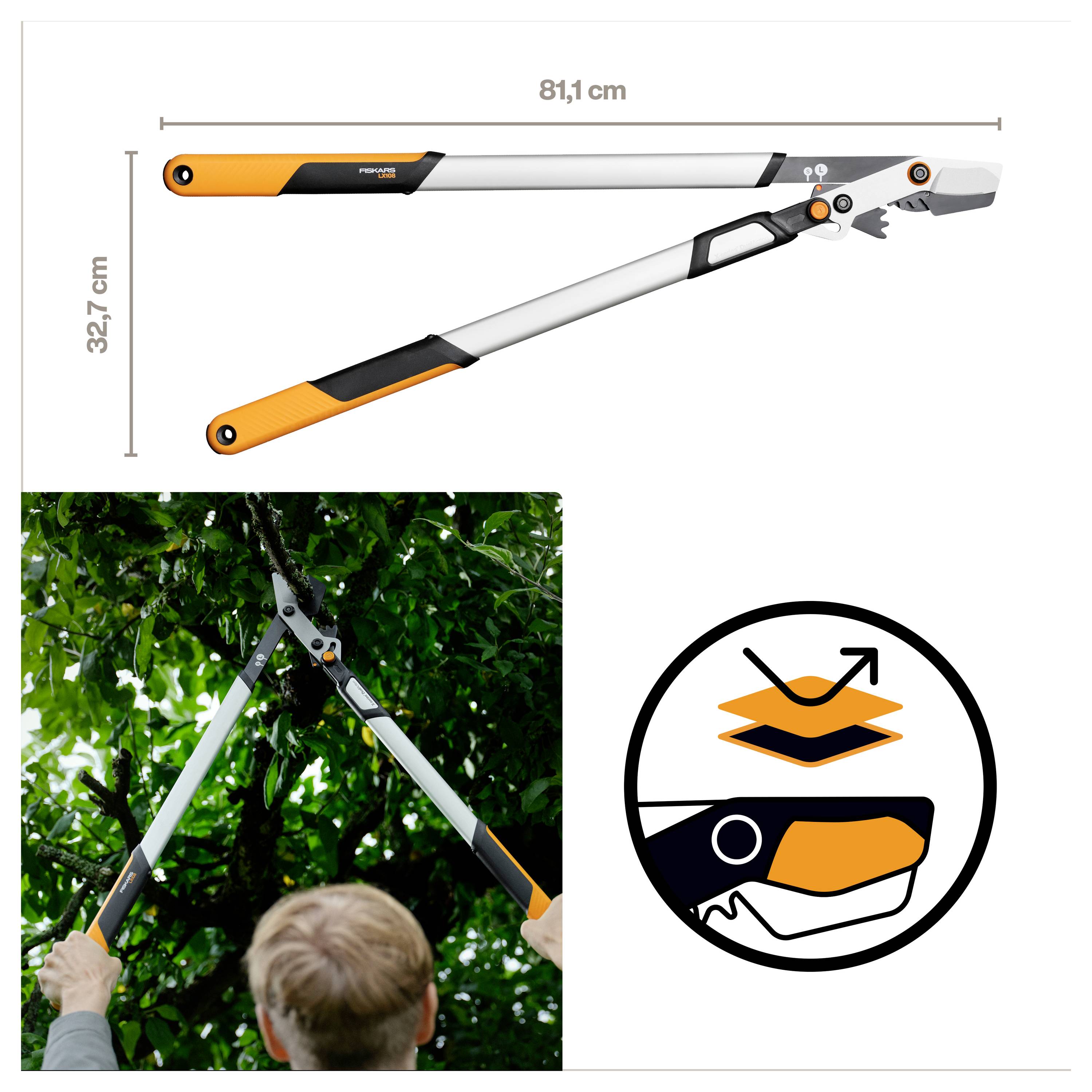 Produktový obrázek dlouhého nůžky na prořezávání s rozměry 81,1 cm x 32,7 cm, kterou se stříhají větve stromu, a kruhová ikonka v detailu řezné hlavy.