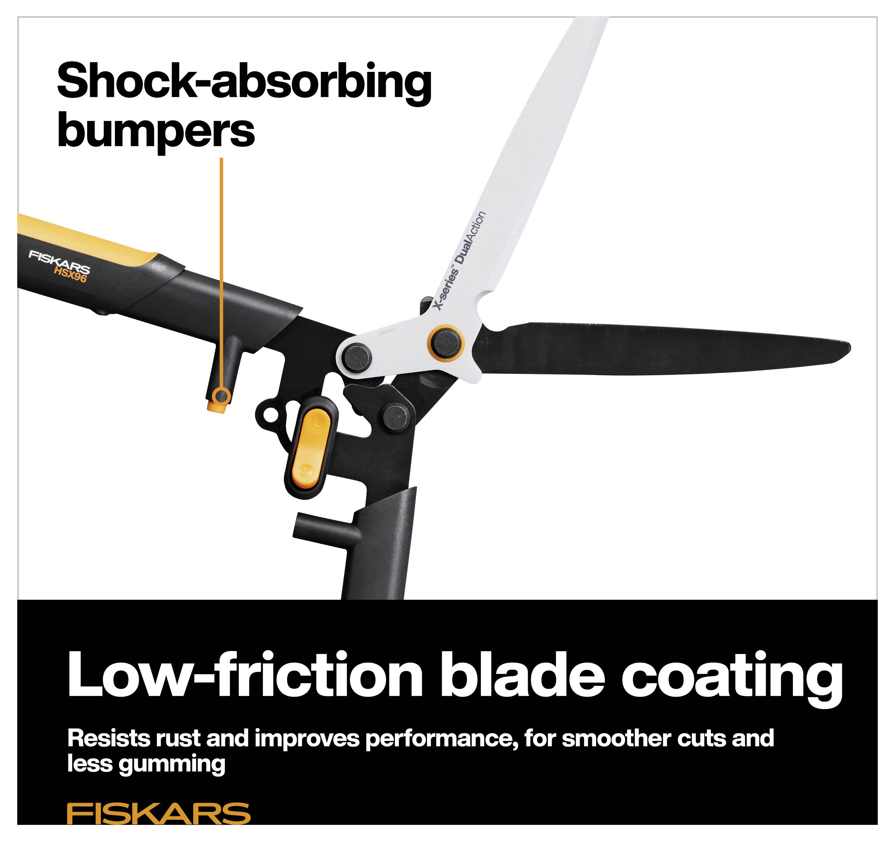 Detailní pohled na střihač živého plotu Fiskars zdůrazňující "tlumicí nárazníky" a "povlak s nízkou třením" pro hladší střihy bez lepivosti.