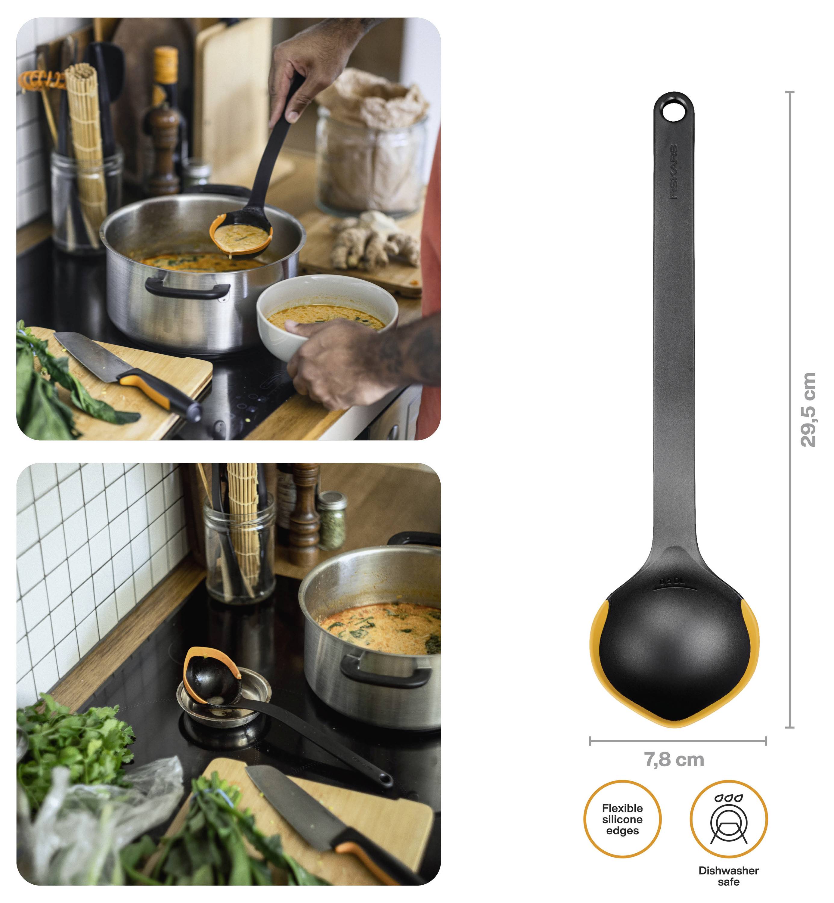 Silikonová naběračka používaná v kuchyni; na obrázku produktu je černá naběračka s oranžovými detaily, dlouhá 29,5 cm a široká 7,8 cm, vhodná do myčky.