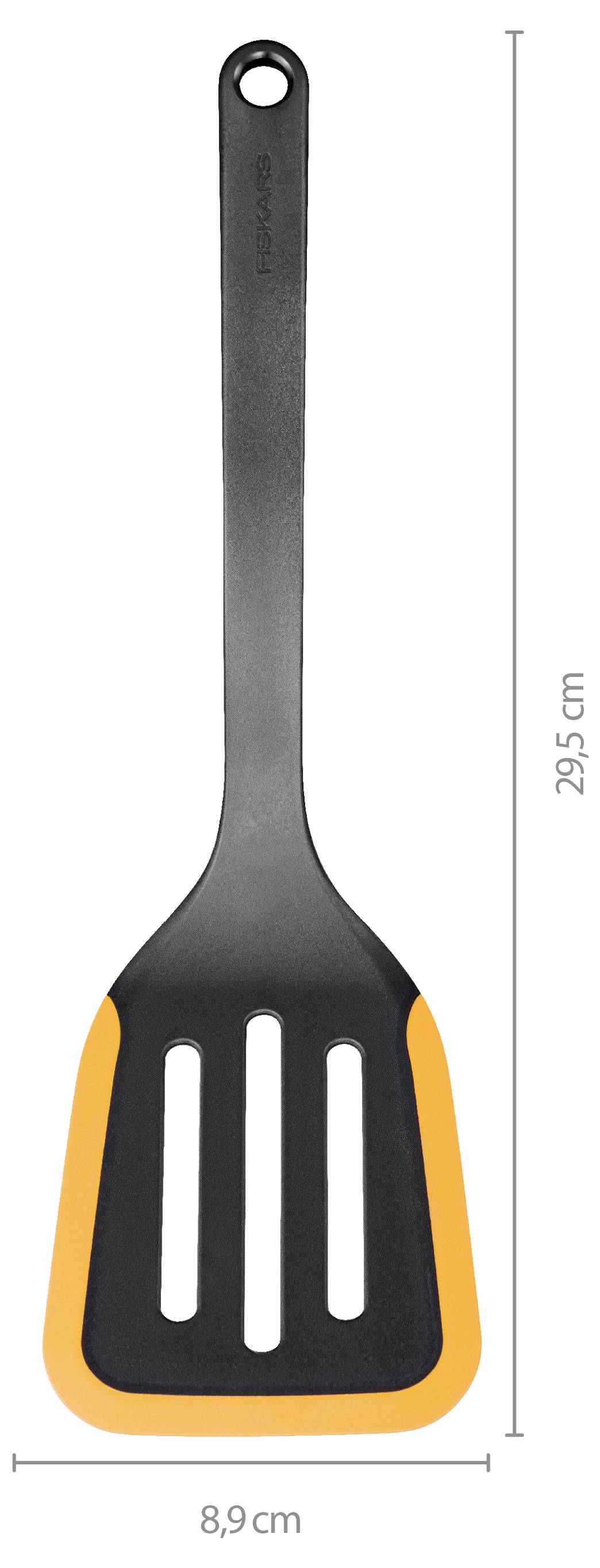 Černá a oranžová děrovaná stěrka s otvorem na zavěšení, zobrazená s rozměry 29,5 cm na výšku a 8,9 cm na šířku.