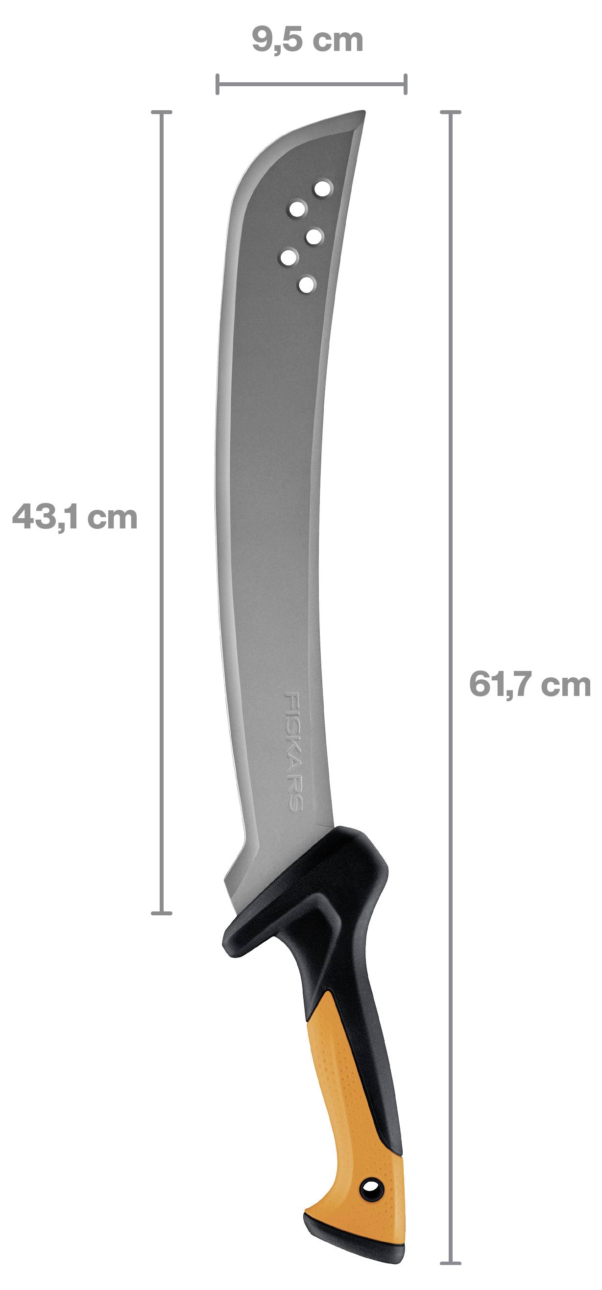 Diagram rozměrů zakřiveného nože nebo mečety, který zobrazuje celkovou délku 61,7 cm, délku čepele 43,1 cm a šířku 9,5 cm.