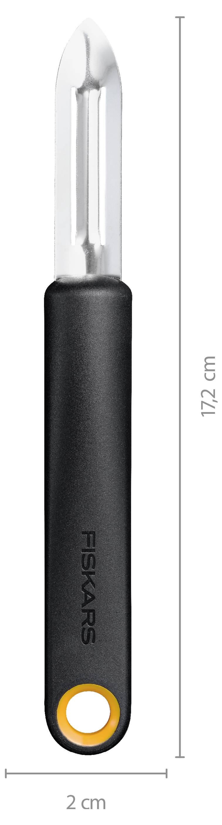 Černý řemeslný nůž Fiskars se stříbrným čepelem, zobrazený svisle s vyznačenými rozměry: výška 17,2 cm a šířka 2 cm.
