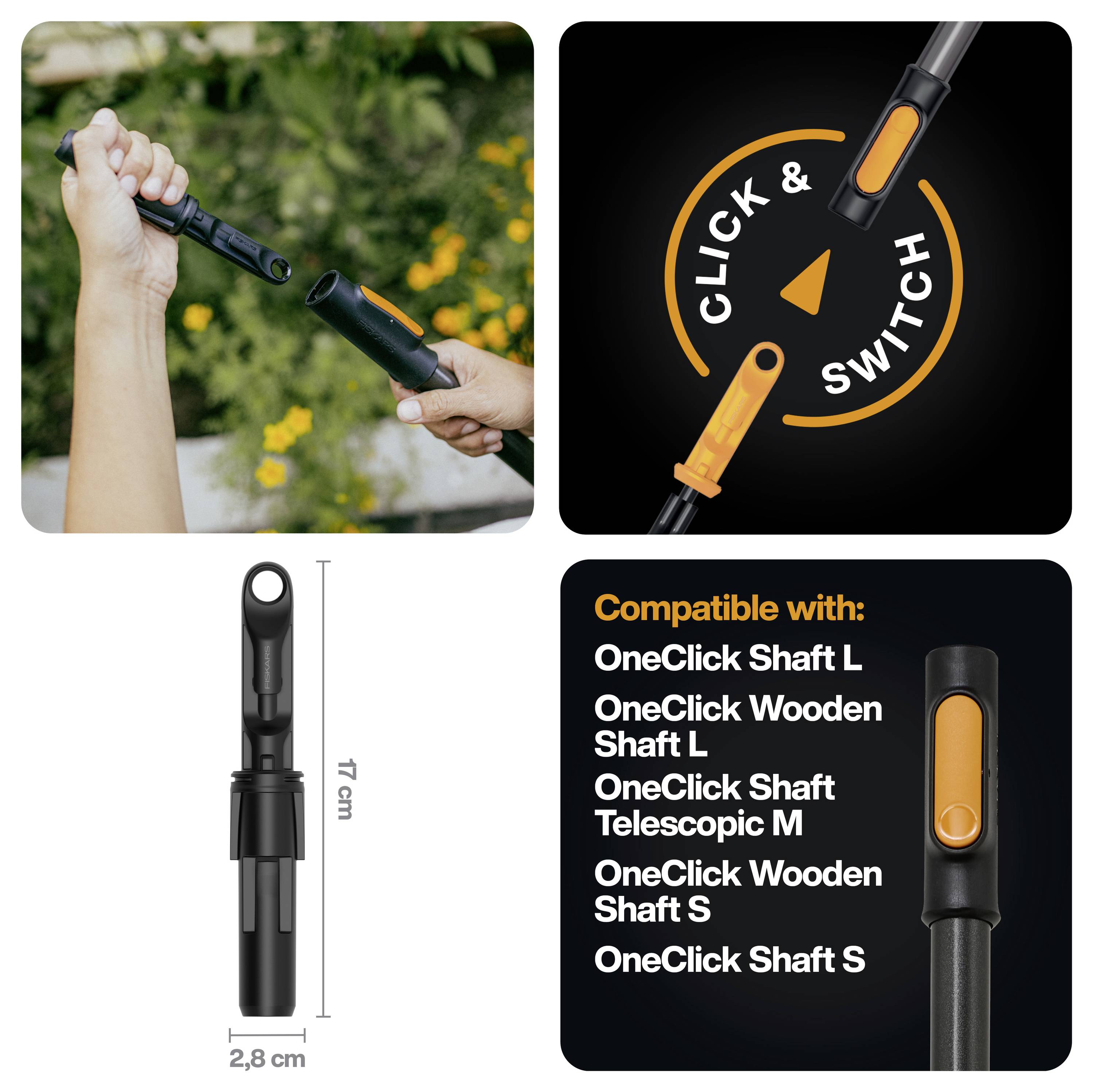 Grafika produktu zobrazující výměnný držák nástroje OneClick s brandingem "Click & Switch" a seznamem kompatibility pro více modelů hřídelí OneClick.