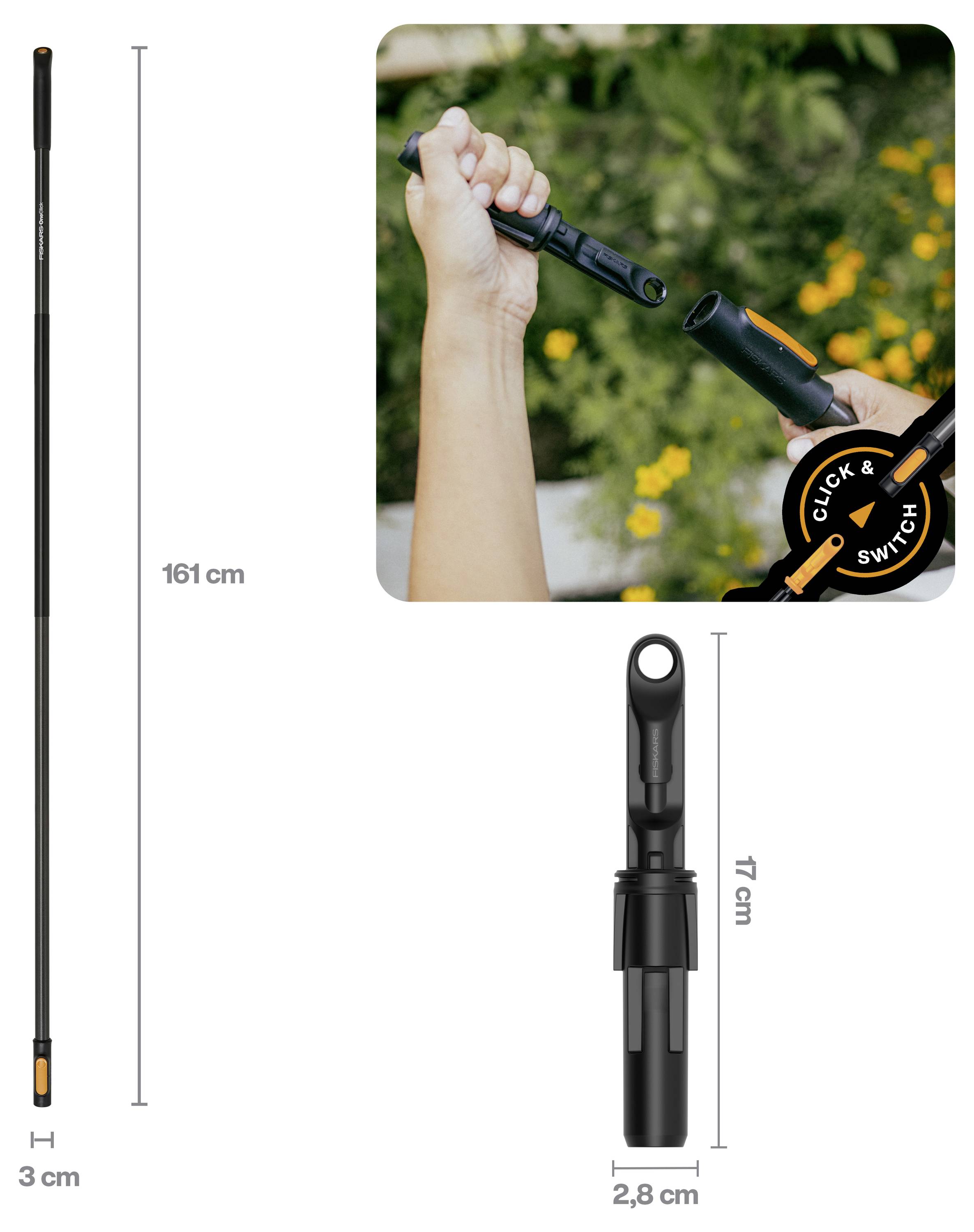 Teleskopická černá tyč s oranžovými akcenty, měřící 161 cm na délku a 3 cm na šířku; detail ukazuje ruku, která ji zacvakuje na místo pomocí funkce "CLICK & SWITCH".