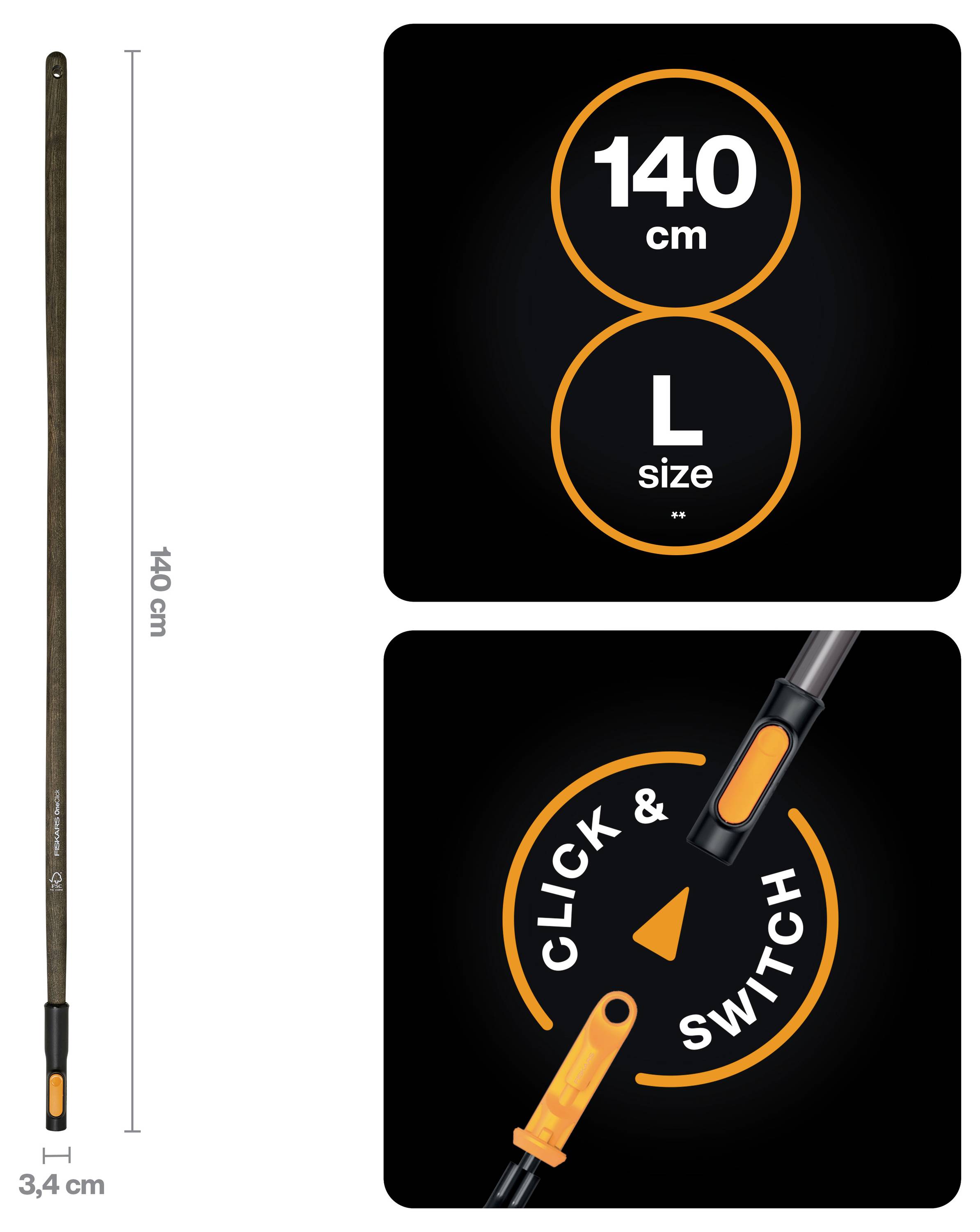 Produktový obrázek 140cm dlouhé L-velikostní tyče o šířce 3,4 cm s konektorem click-and-switch zobrazený při používání.